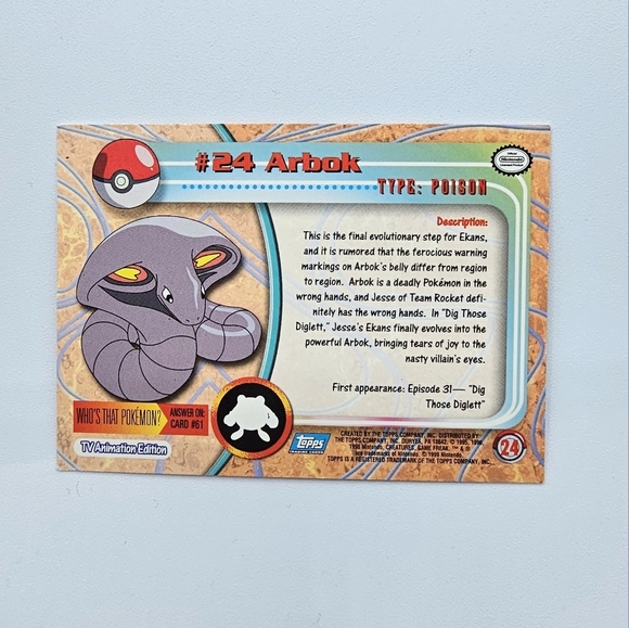 Pokemon 1999 TOPPS Arbok #24 Blue Logo TV Animation Edition Card - Picture 4 of 4